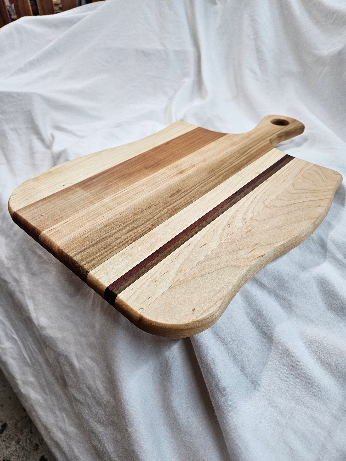 Cutting Board with unique shape made from Maple, Walnut, Purple Heart and Cherry 18" x 12"