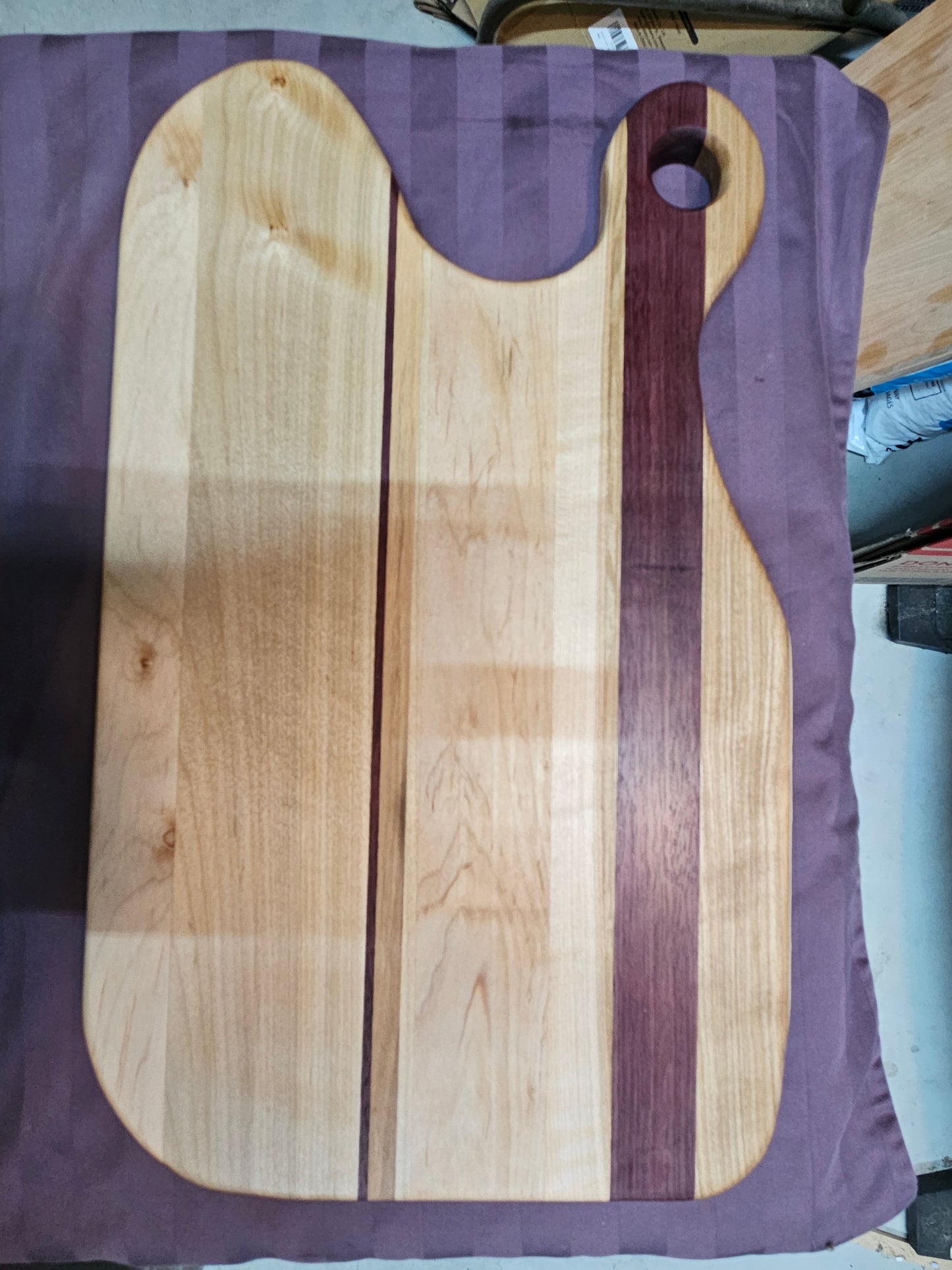 Cutting Board 18" x 11" Maple, Ash and Purple Heart Unique Shape with finger hole