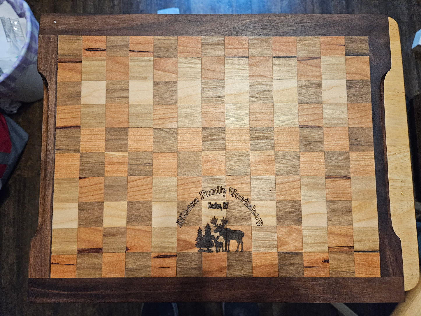 Checkerboard Face Grain Maple and Cherry with Walnut border Cutting Board with finger grips