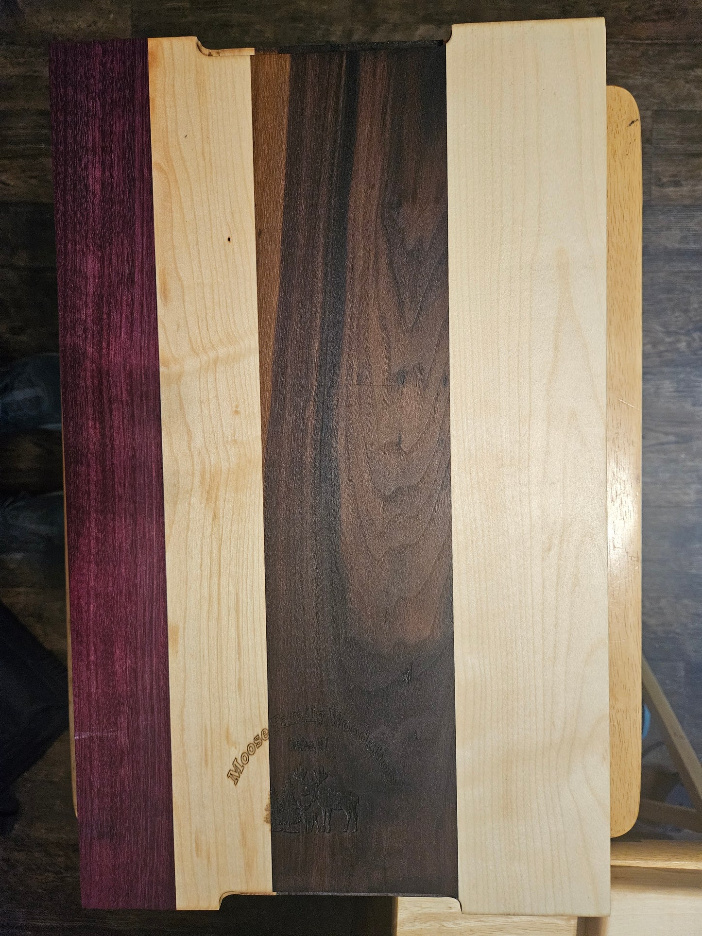 Large Maple, Walnut and Purple Heart Cutting Board with finger grips