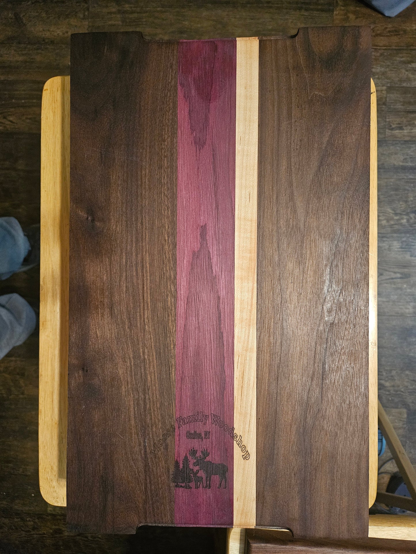 Large Walnut, maple and Purple Heart Cutting Board with finger grips
