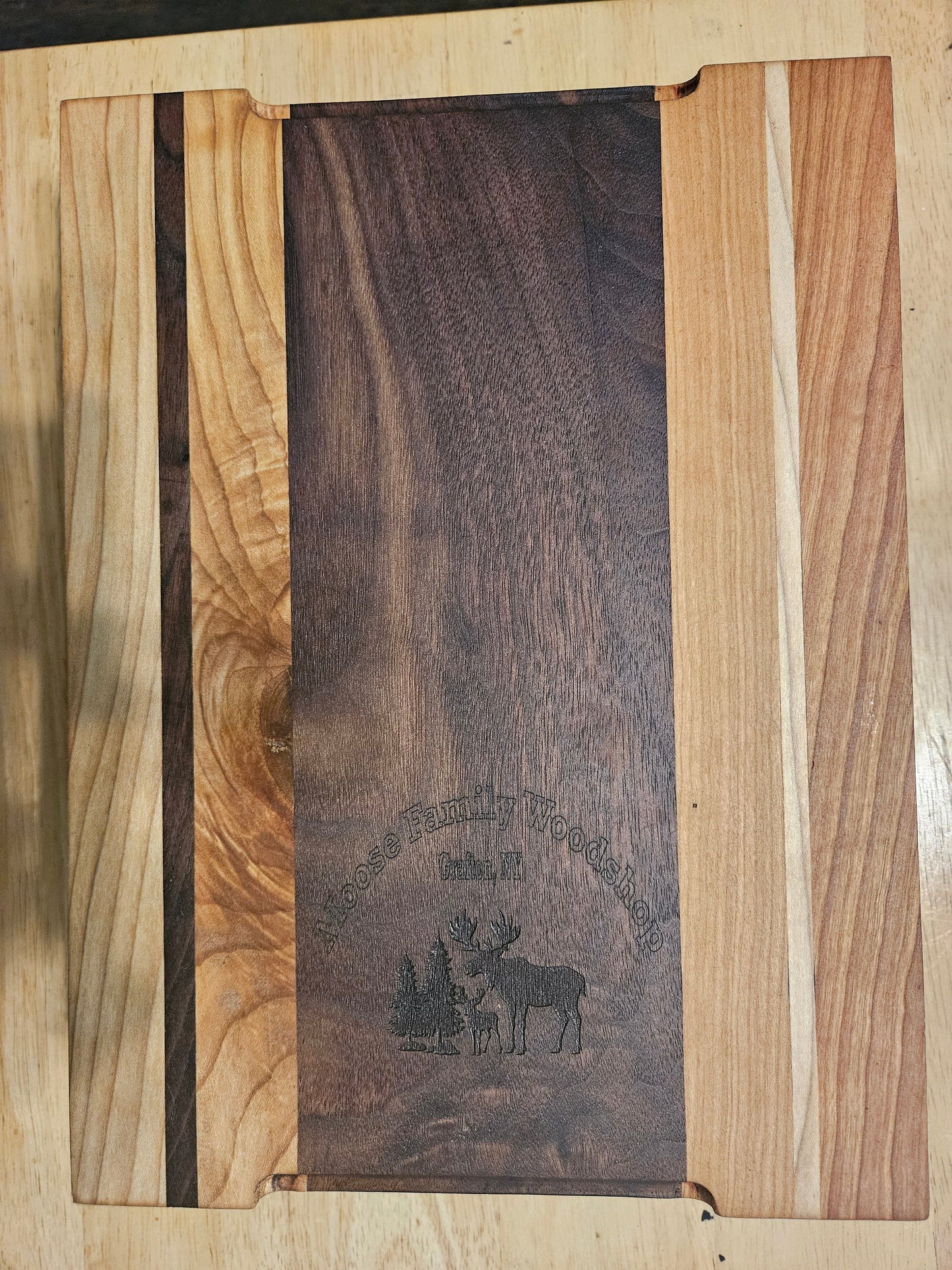 Cutting/Vegetable Board made w/ Walnut, cherry and Maple with finger grips 11" x 9"