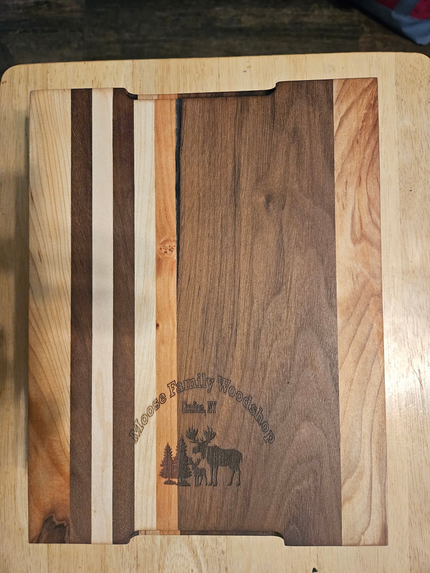 Cutting/Vegetable Board made w/ Walnut, cherry and Maple with finger grips 11" x 9"