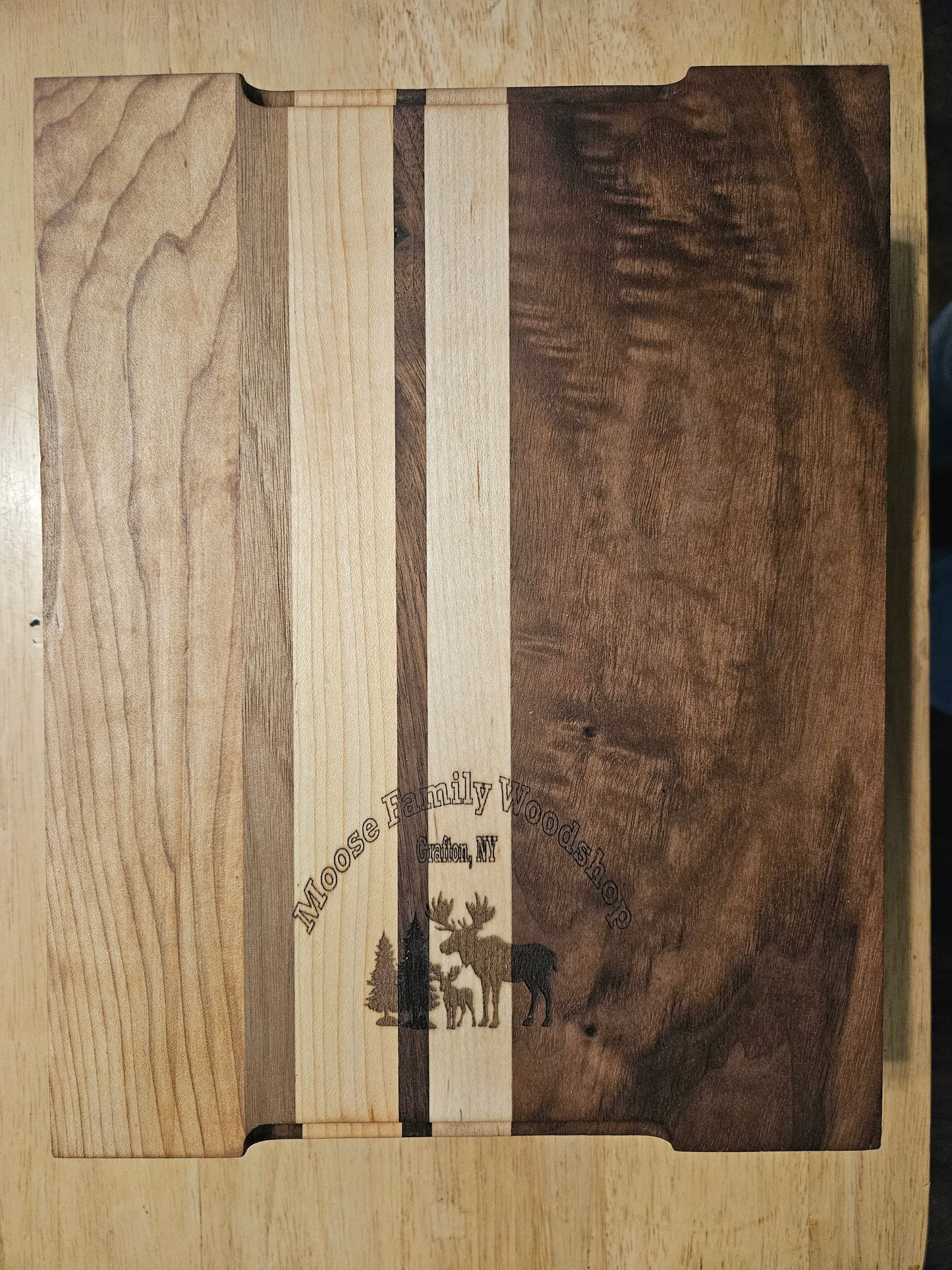 Cutting/Vegetable Board made w/ Walnut, cherry and Maple with finger grips 11" x 9"