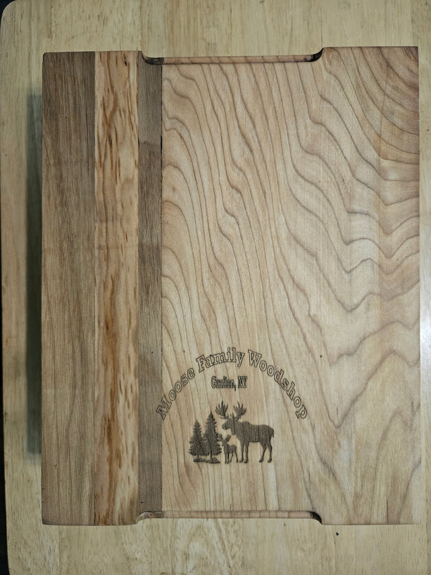 Cutting/Vegetable Board made w/ Walnut, cherry and Maple with finger grips 11" x 9"