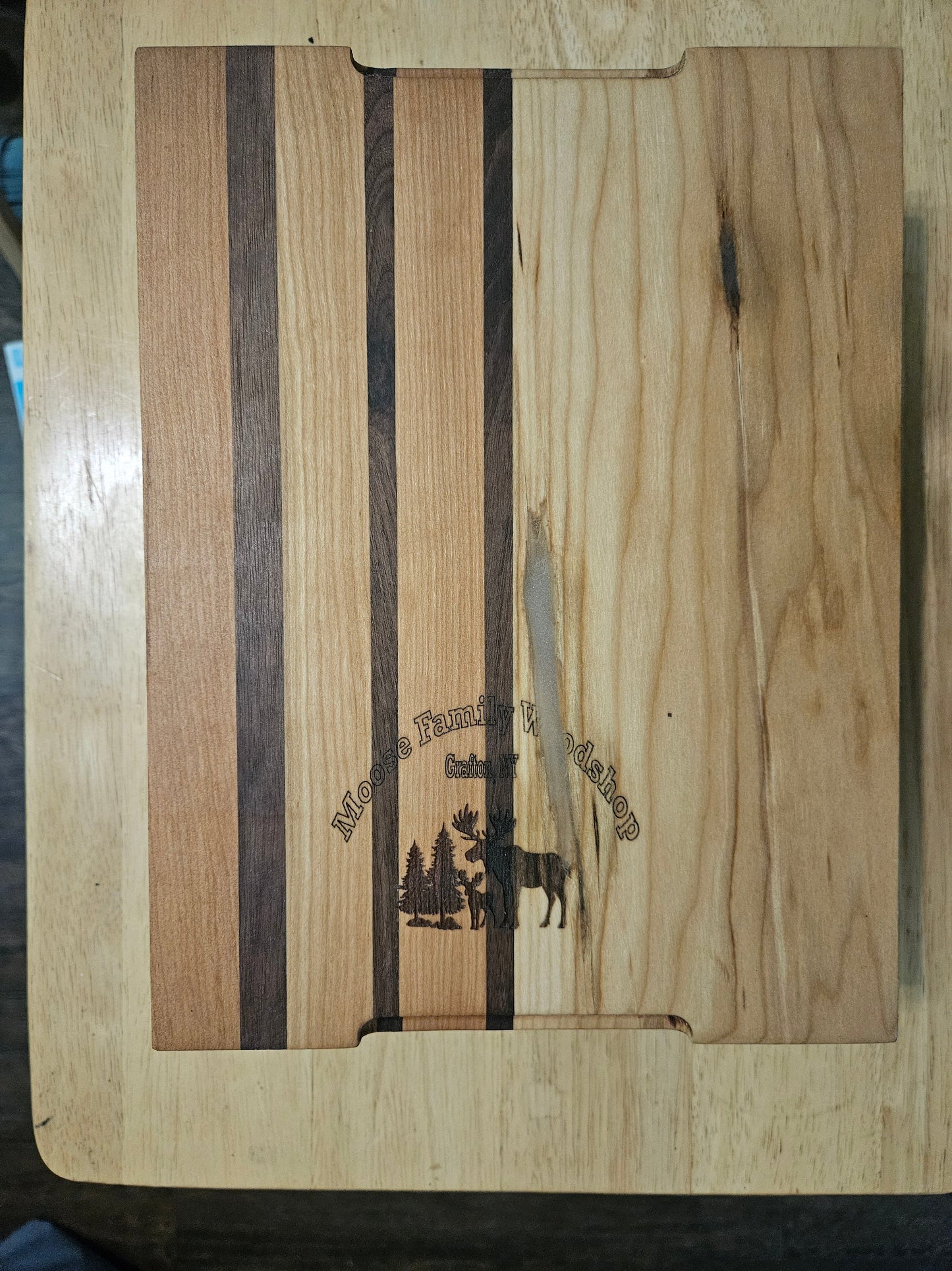 Cutting/Vegetable Board made w/ Walnut, Cherry and Hickory with finger grips 11" x 9"