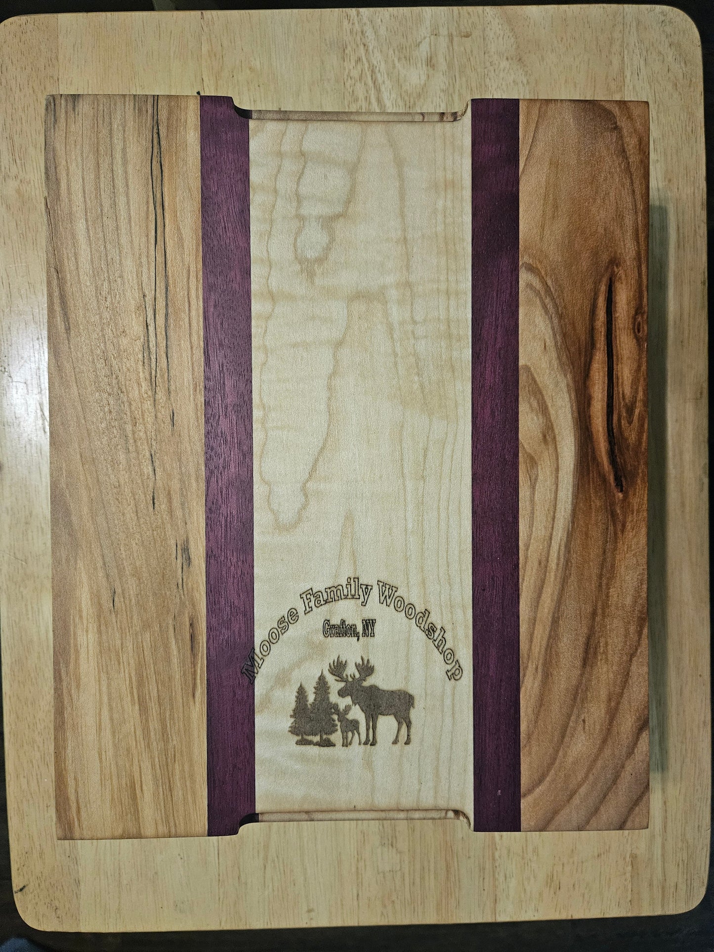 Cutting/Vegetable Board made w/ Purple Heart, Cherry and Maple with finger grips 11" x 9"