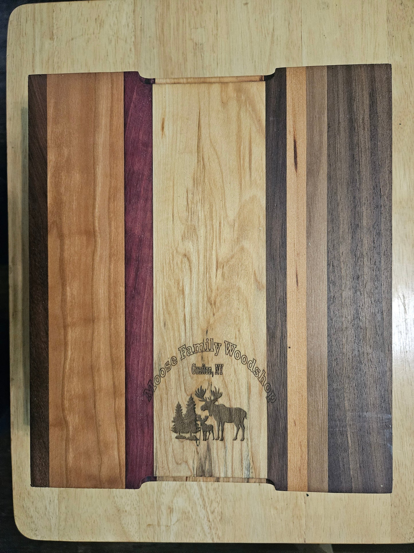 Cutting/Vegetable Board made w/ Walnut, Maple, Cherry and Purple Heart with finger grips 11" x 9"