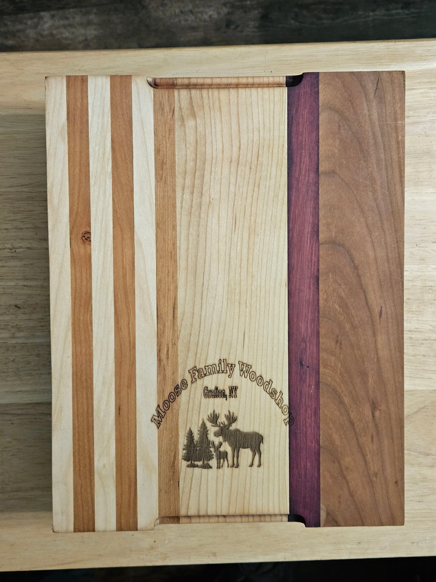 Cutting/Vegetable Board made w/ Walnut, Maple and Purple Heart with finger grips 11" x 8.5"