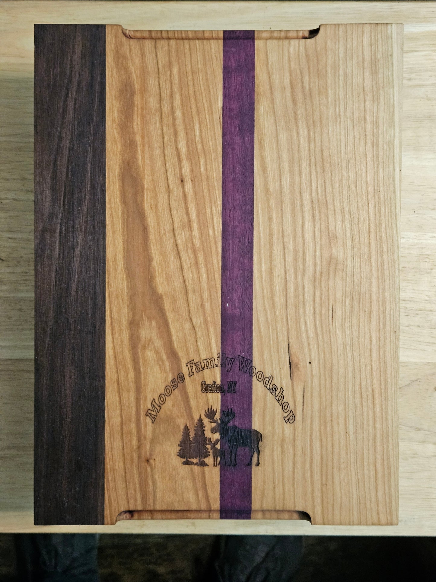 Cutting/Vegetable Board made w/ Purple Heart, Cherry and Walnut with finger grips 11.5" x 8.5"