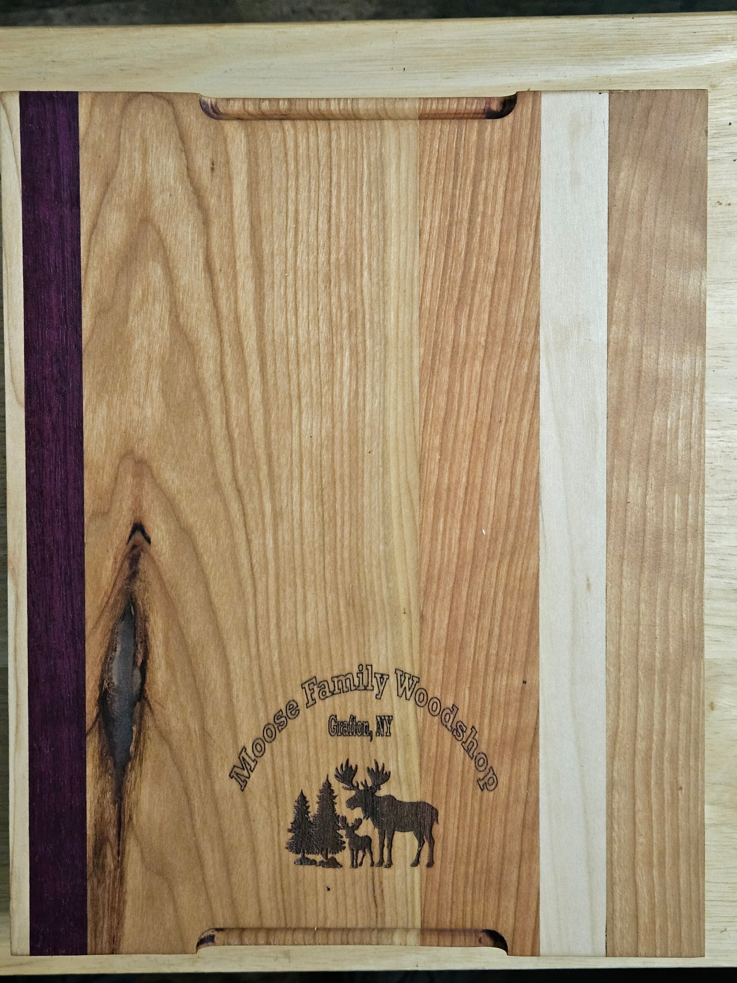 Cutting/Vegetable Board made w/ Purple Heart, Cherry and Maple with finger grips 11" x 9"