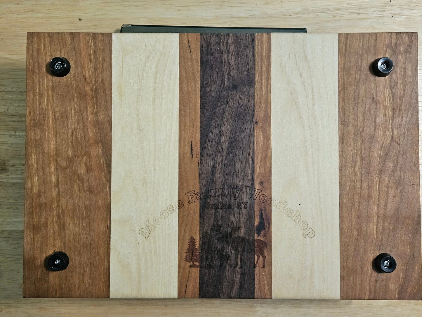 Vegetable/Cheese Cutting board made with Walnut, Cherry and Maple 11.5" x 8" with engraving and rubber feet