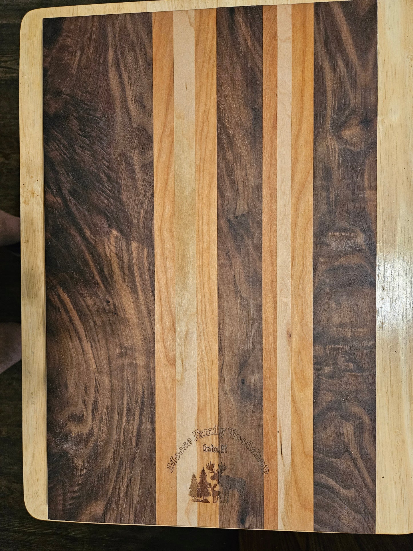 Cutting Board with stunning look made from Walnut, Mahogany ad Cherry with beveled edges 17" x 11"