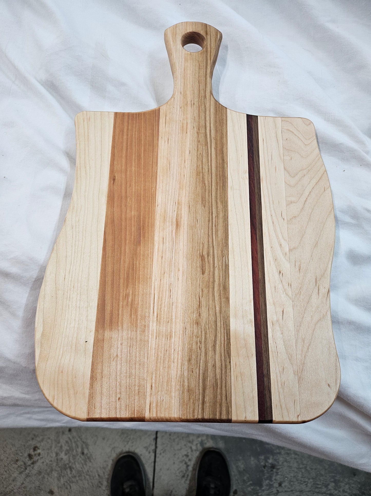 Cutting Board with unique shape made from Maple, Walnut, Purple Heart and Cherry  18" x 12"