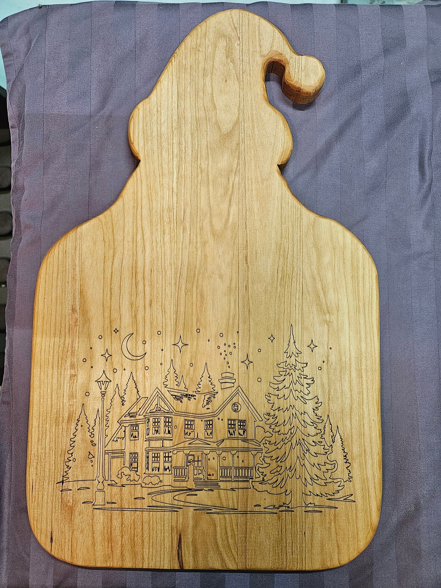 Cutting Board 18" x 11" Cherry Santa shape with engrave winter scene