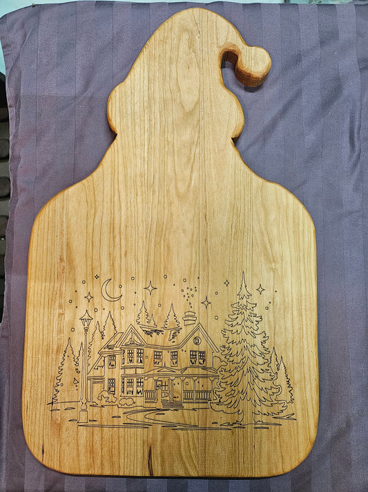 Cutting Board 18" x 11" Cherry Santa shape with engrave winter scene