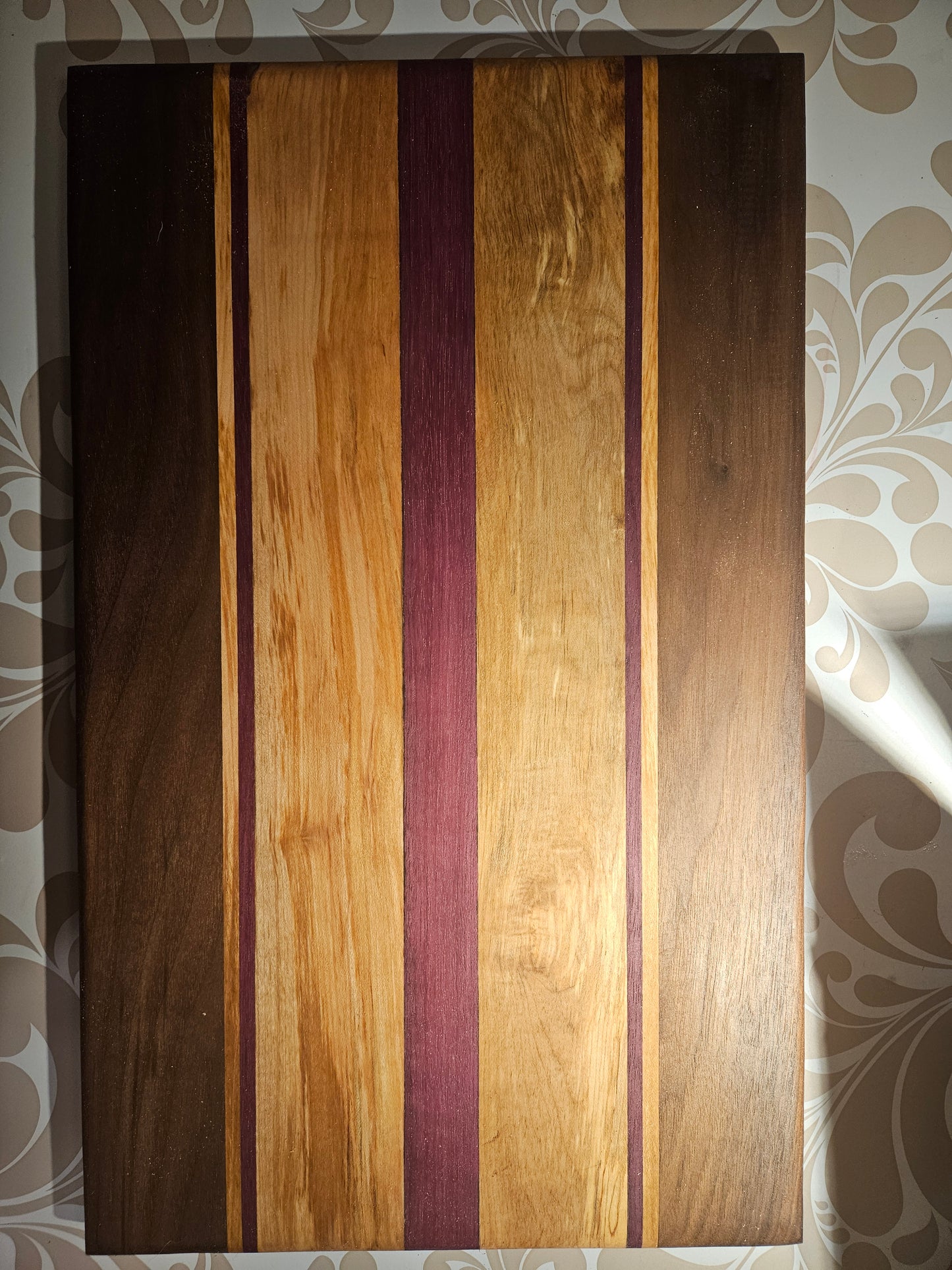 Cutting Board with stunning look made from  Walnut, Maple, Purple Heart and Cherry  18" x 12"