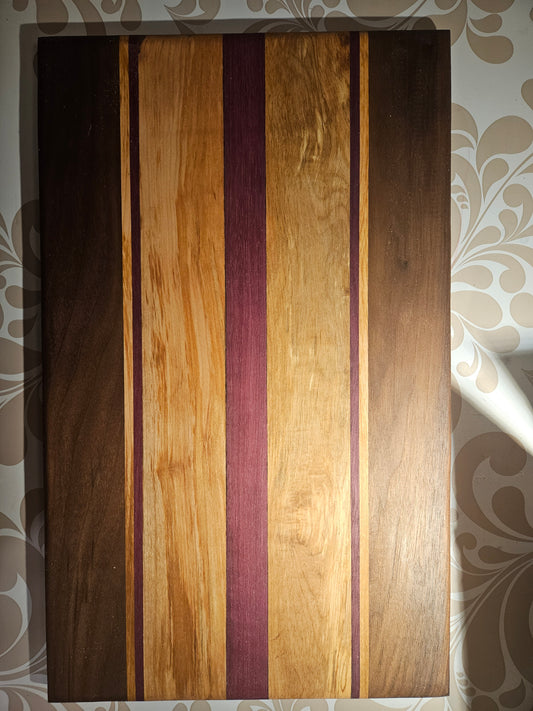 Cutting Board with stunning look made from  Walnut, Maple, Purple Heart and Cherry  18" x 12"