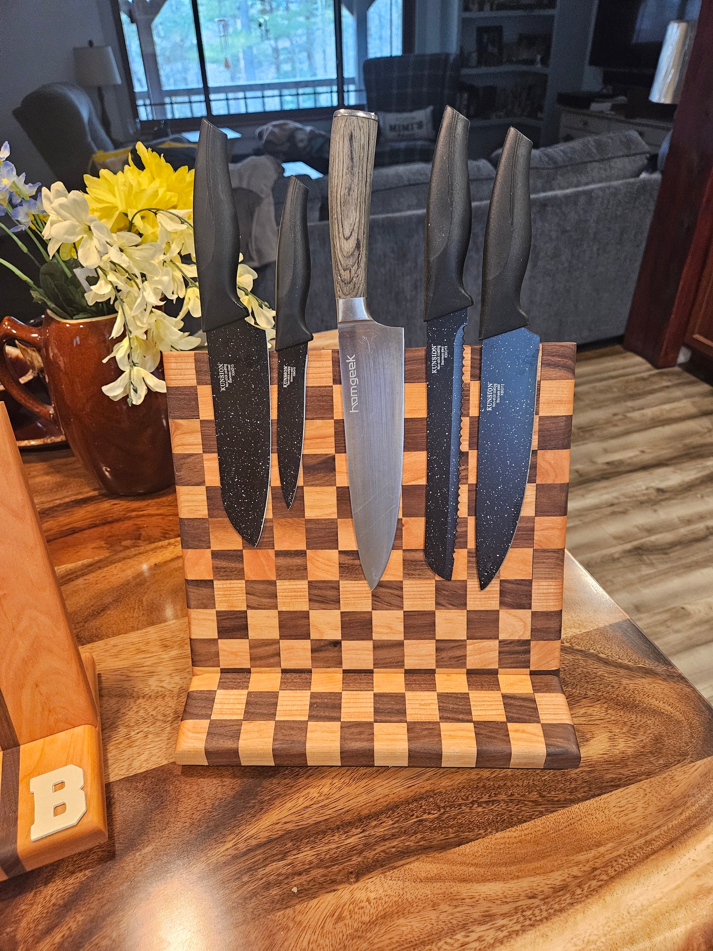 Magnetic Countertop Knife Stand Checker design made from Cherry and Walnut