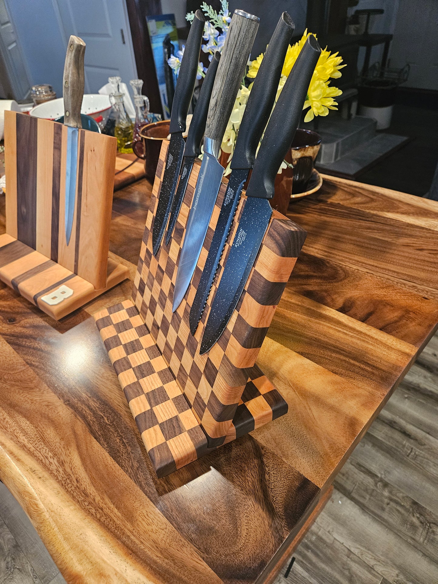 Magnetic Countertop Knife Stand Checker design made from Cherry and Walnut