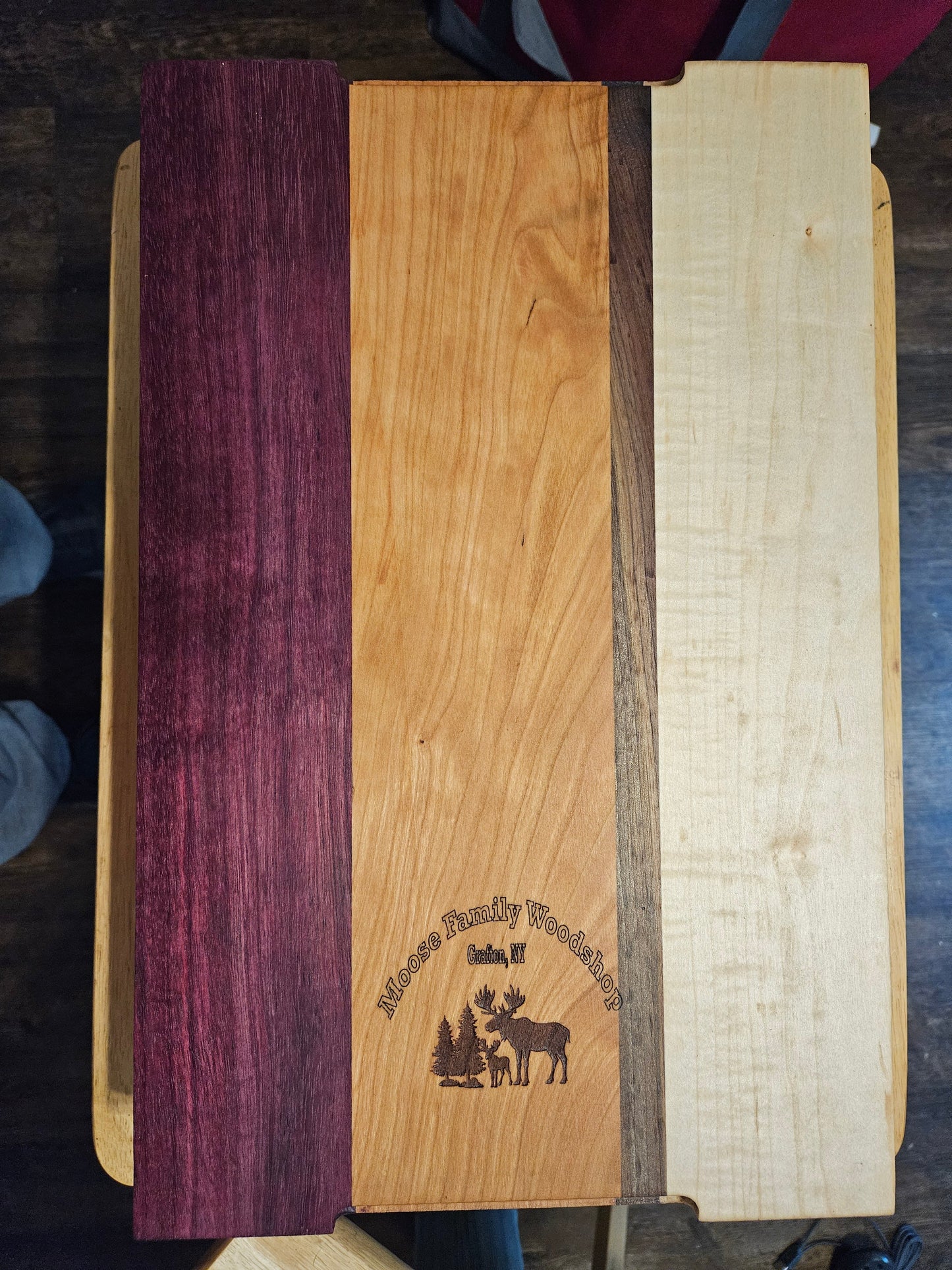 Large Cherry, Walnut, maple and purple heart Cutting Board with finger grips