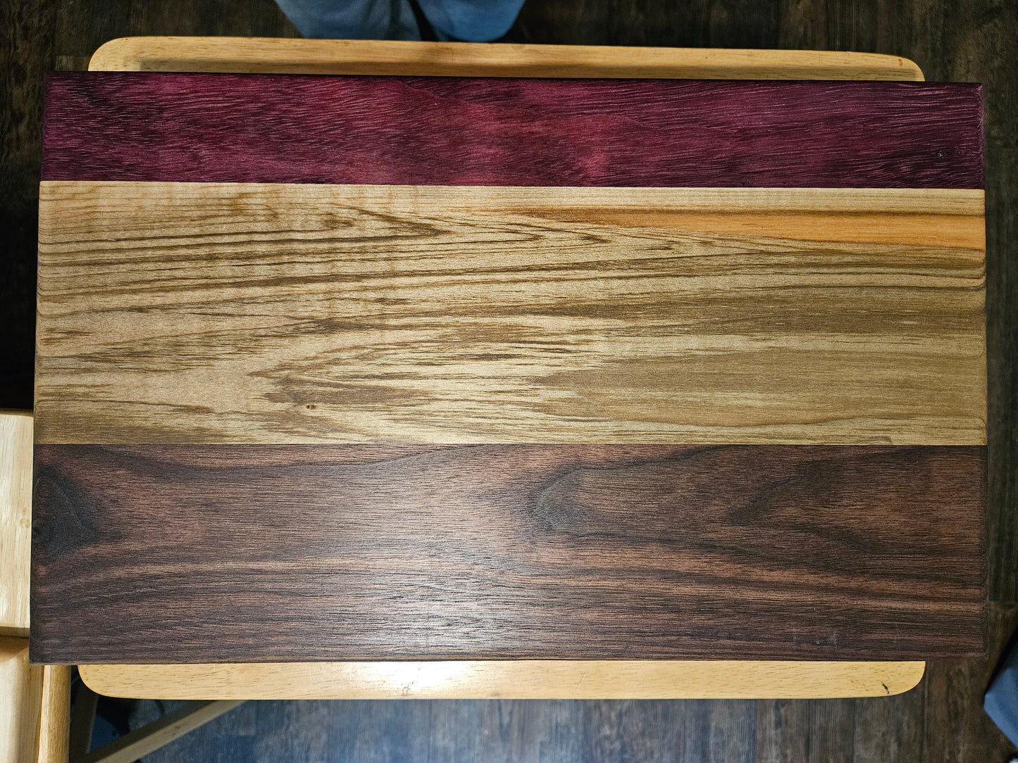 Large Maple, walnut and Purple Heart Cutting Board with finger grips