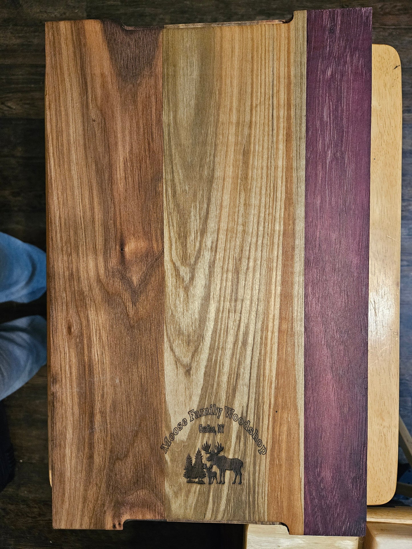 Large Maple, walnut and Purple Heart Cutting Board with finger grips