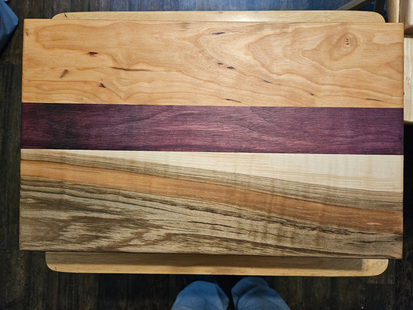 Large Cherry, Maple and Purple Heart Cutting Board with finger grips