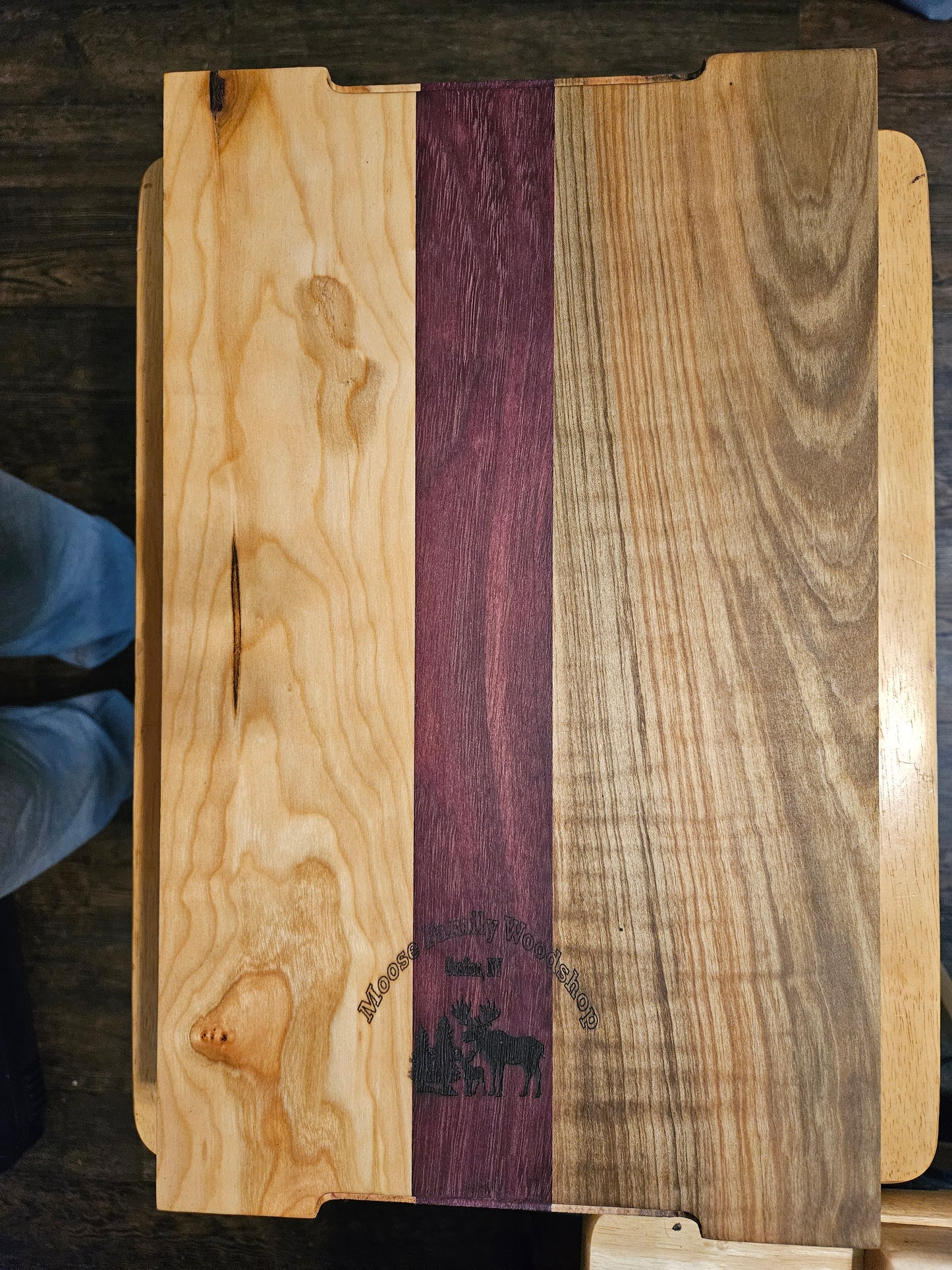 Large Cherry, Maple and Purple Heart Cutting Board with finger grips