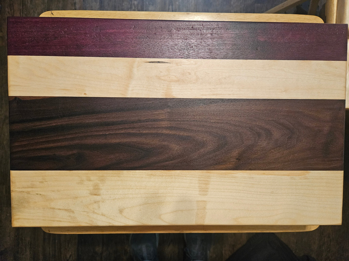 Large Maple, Walnut and Purple Heart Cutting Board with finger grips