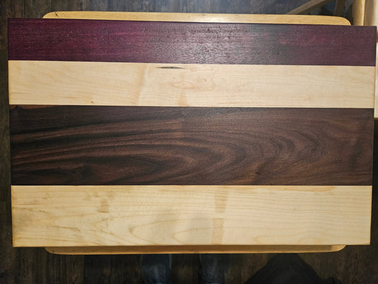 Large Maple, Walnut and Purple Heart Cutting Board with finger grips