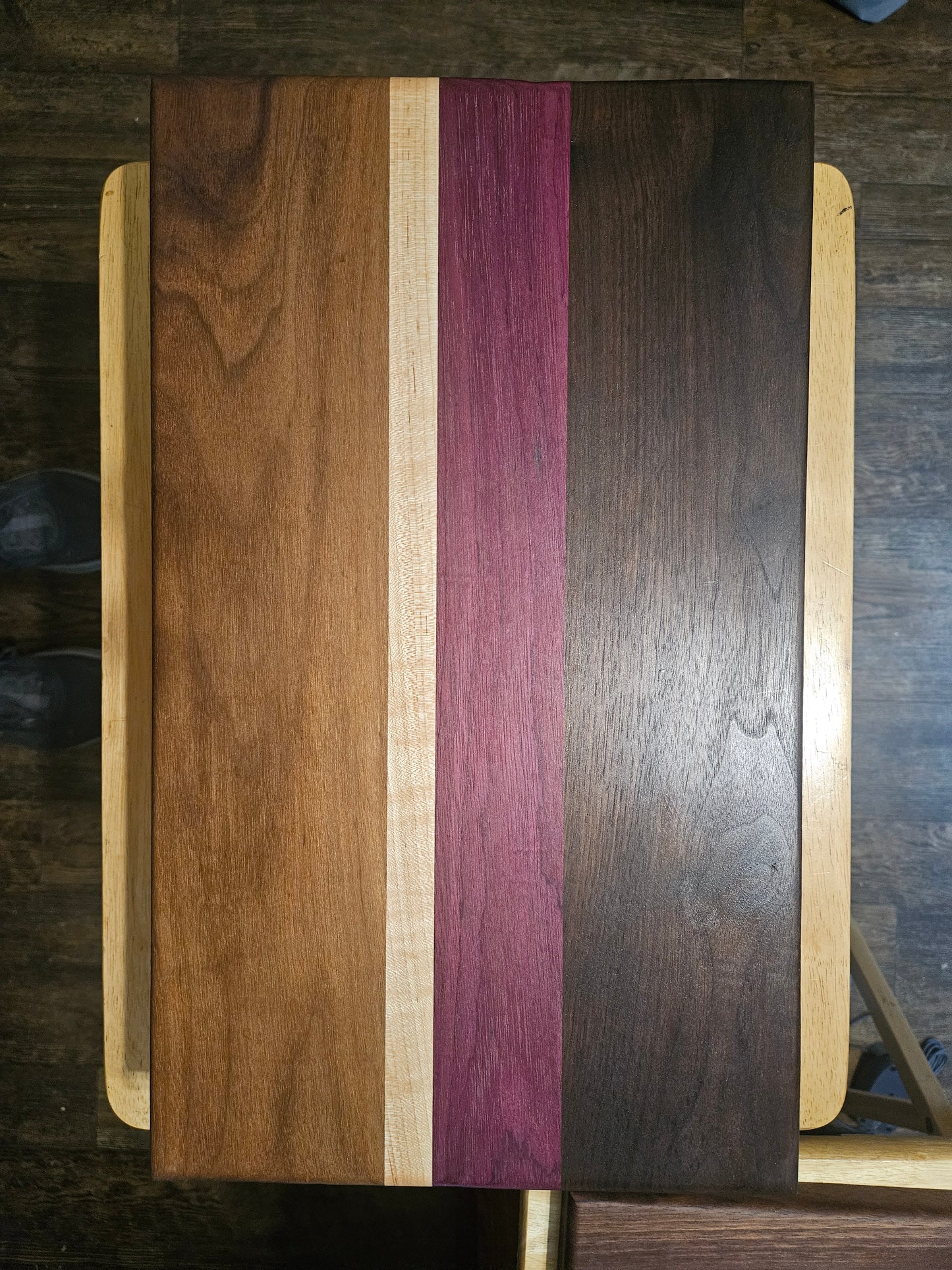 Large Walnut, maple and Purple Heart Cutting Board with finger grips