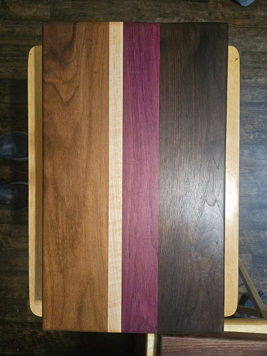 Large Walnut, maple and Purple Heart Cutting Board with finger grips