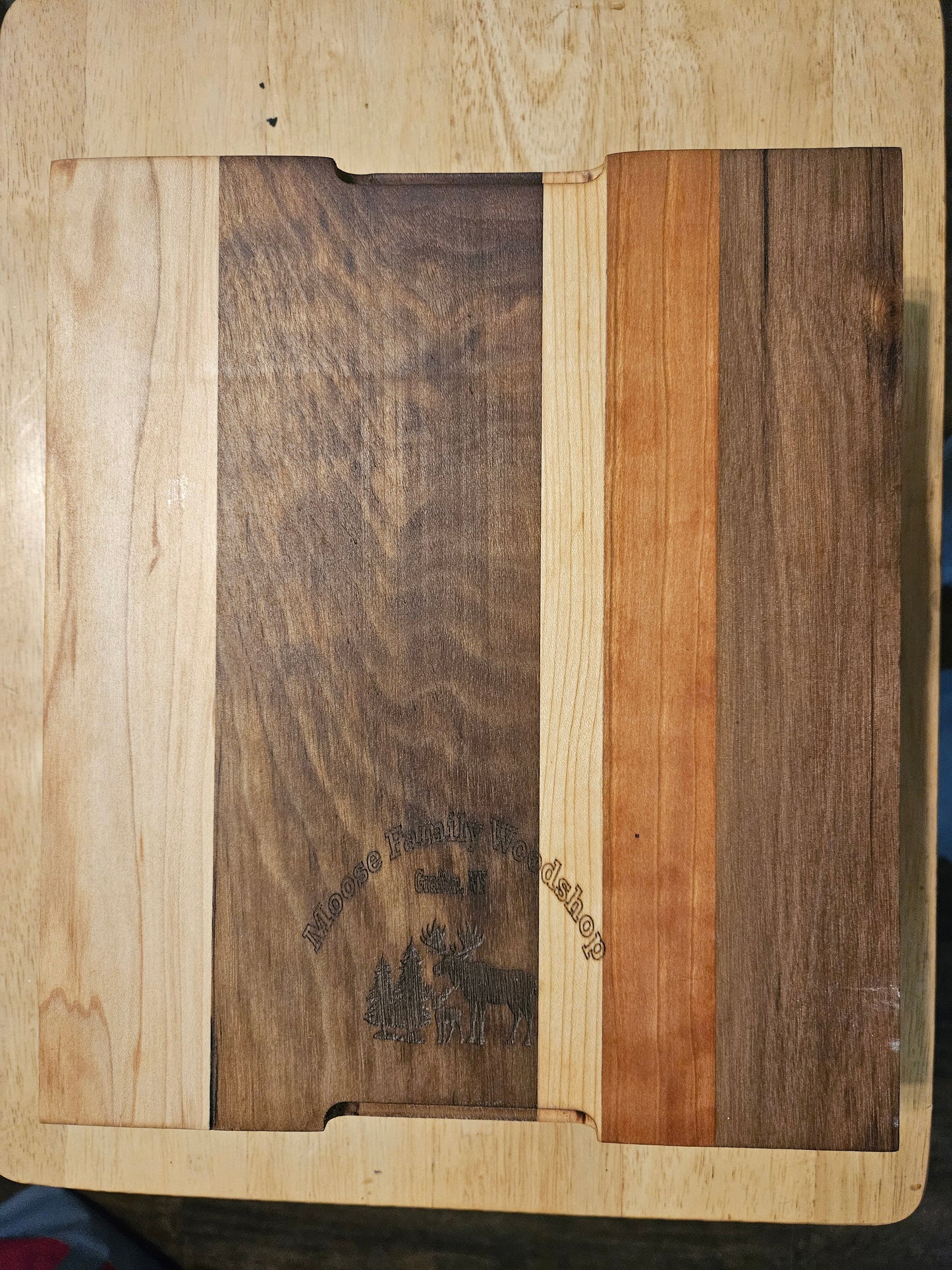 Cutting/Vegetable Board made w/ Walnut, cherry and Maple with finger grips 11" x 9"