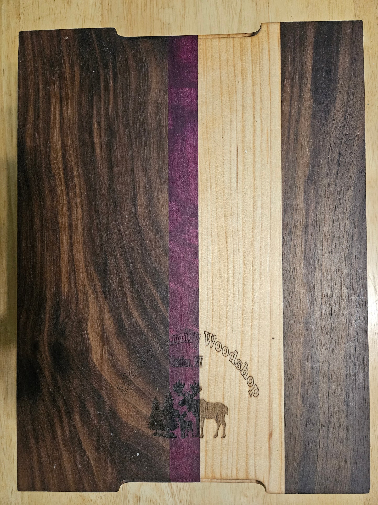 Cutting/Vegetable Board made w/ Walnut, Maple and Purple Heart with finger grips 11" x 9"
