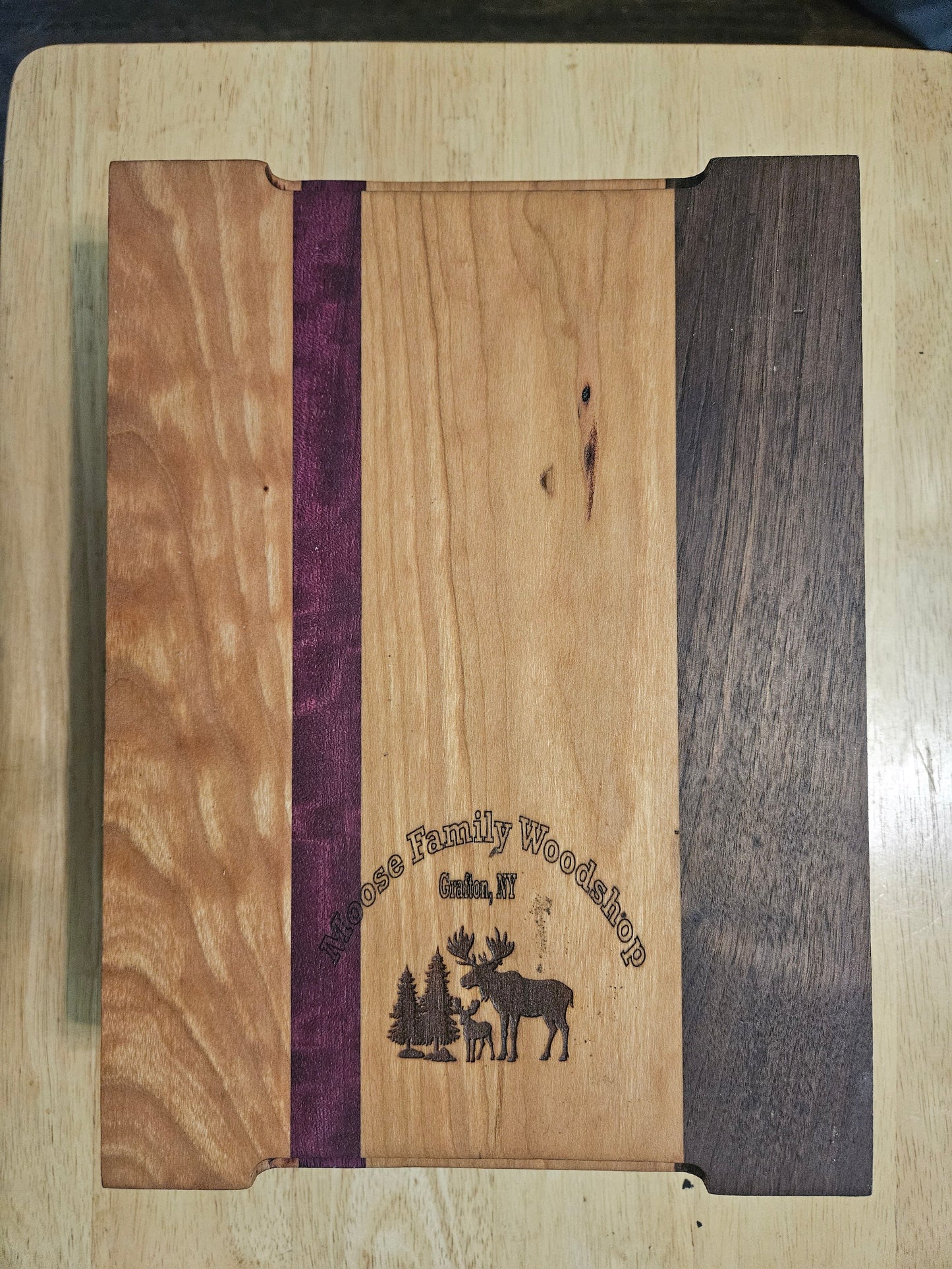 Cutting/Vegetable Board made w/ Purple Heart, Cherry and Walnut with finger grips 11" x 9"