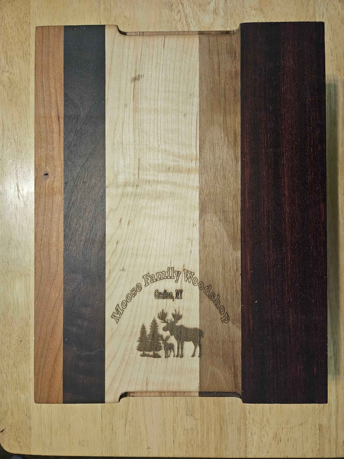 Cutting/Vegetable Board made w/ Walnut, Maple, Cherry and Paduak with finger grips 11" x 9"