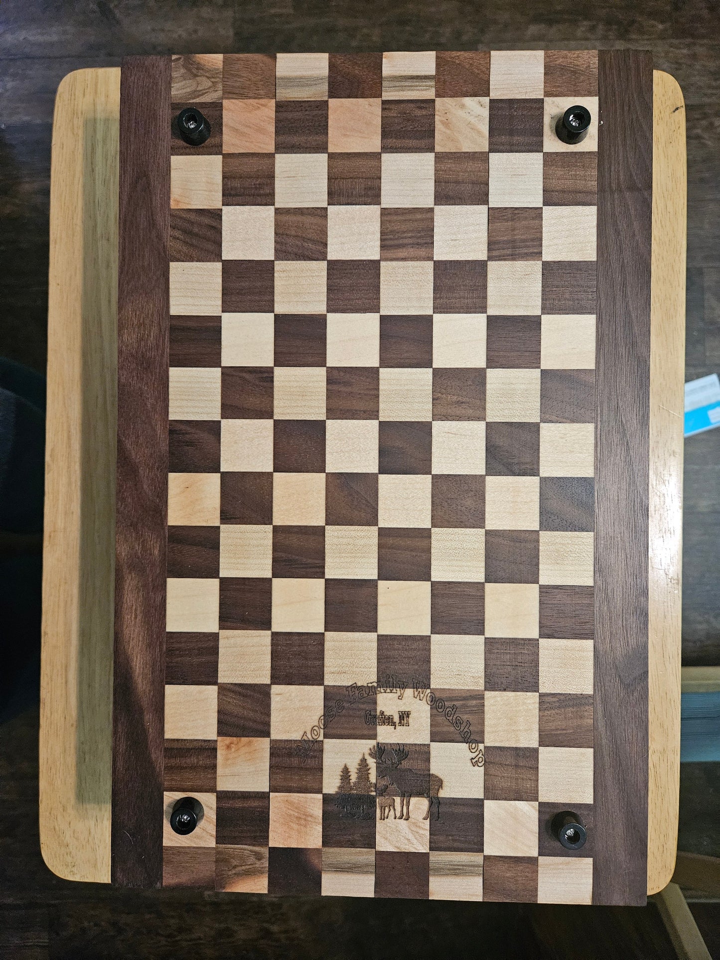 Checkerboard Facegrain Walnut and Maple with walnut border Cutting Board with feet
