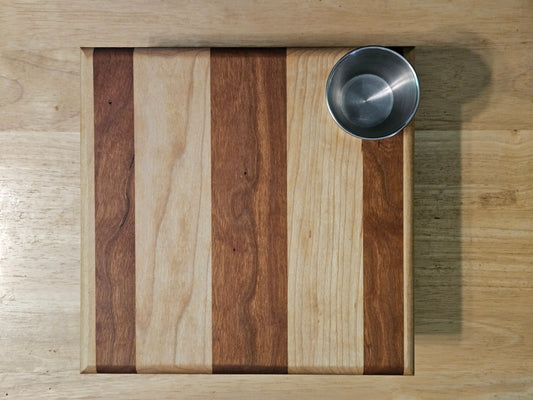 Vegetable Cutting  and serving board with Walnut and Cherry 9" x 9" with dip cup