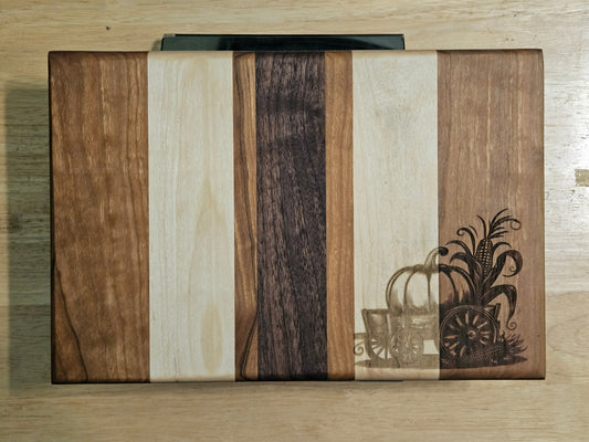 Vegetable/Cheese Cutting board made with Walnut, Cherry and Maple 11.5" x 8" with engraving and rubber feet