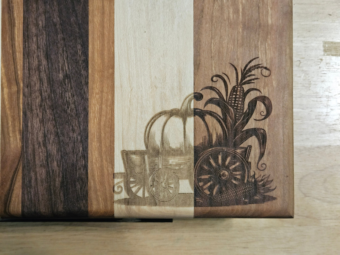 Vegetable/Cheese Cutting board made with Walnut, Cherry and Maple 11.5" x 8" with engraving and rubber feet