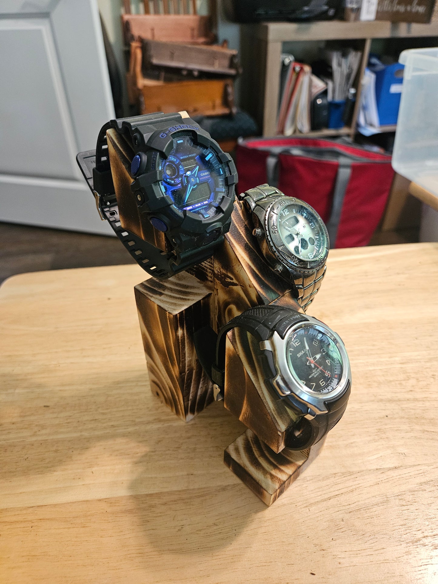 Watch Holder for 3 watches handmade from Pine, finished with Shou Sugi Ban