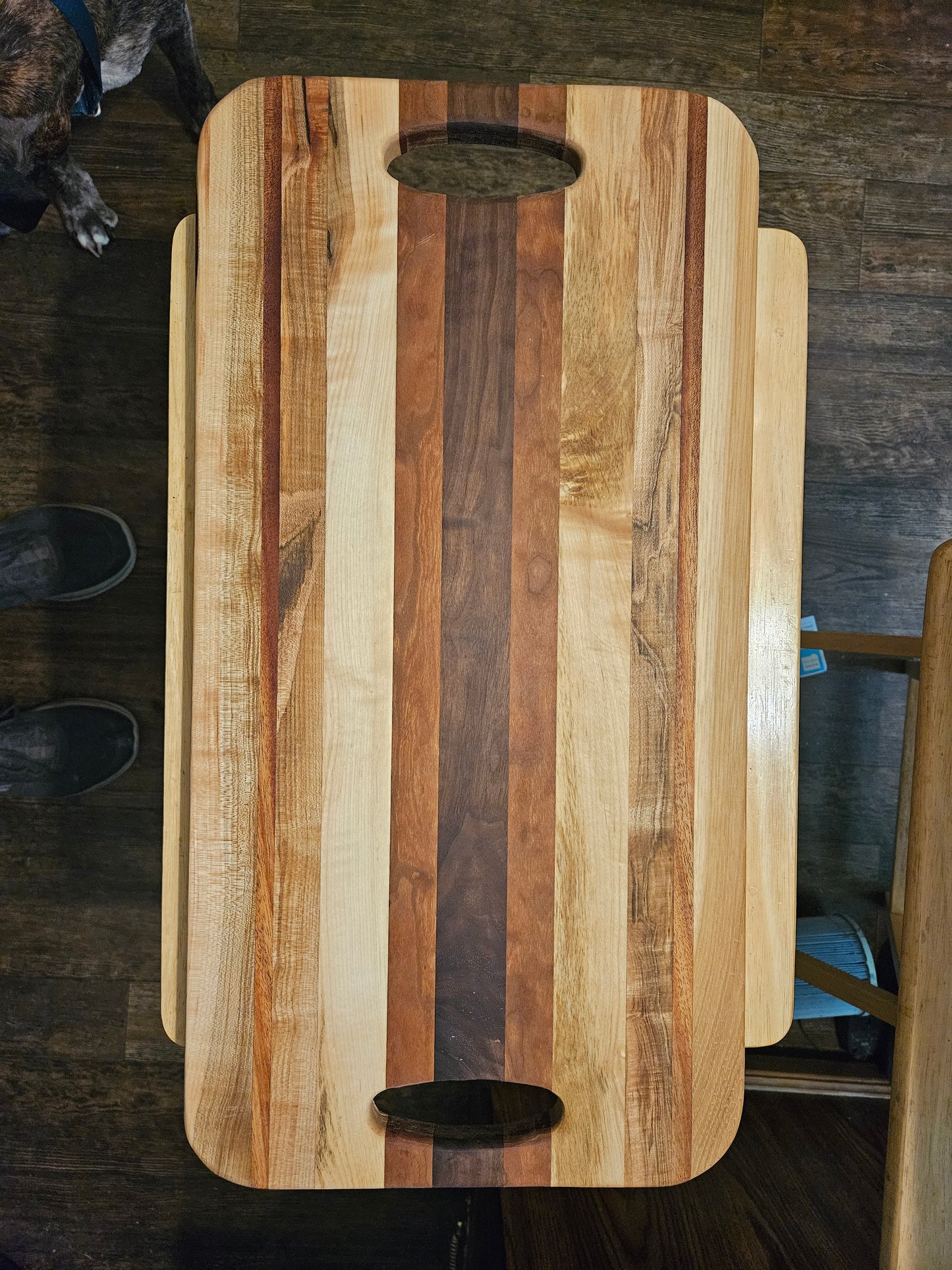 Large Maple, Walnut and Mahogany Cutting/Serving/Charcuterie Board with hand cutouts 24" x 12"