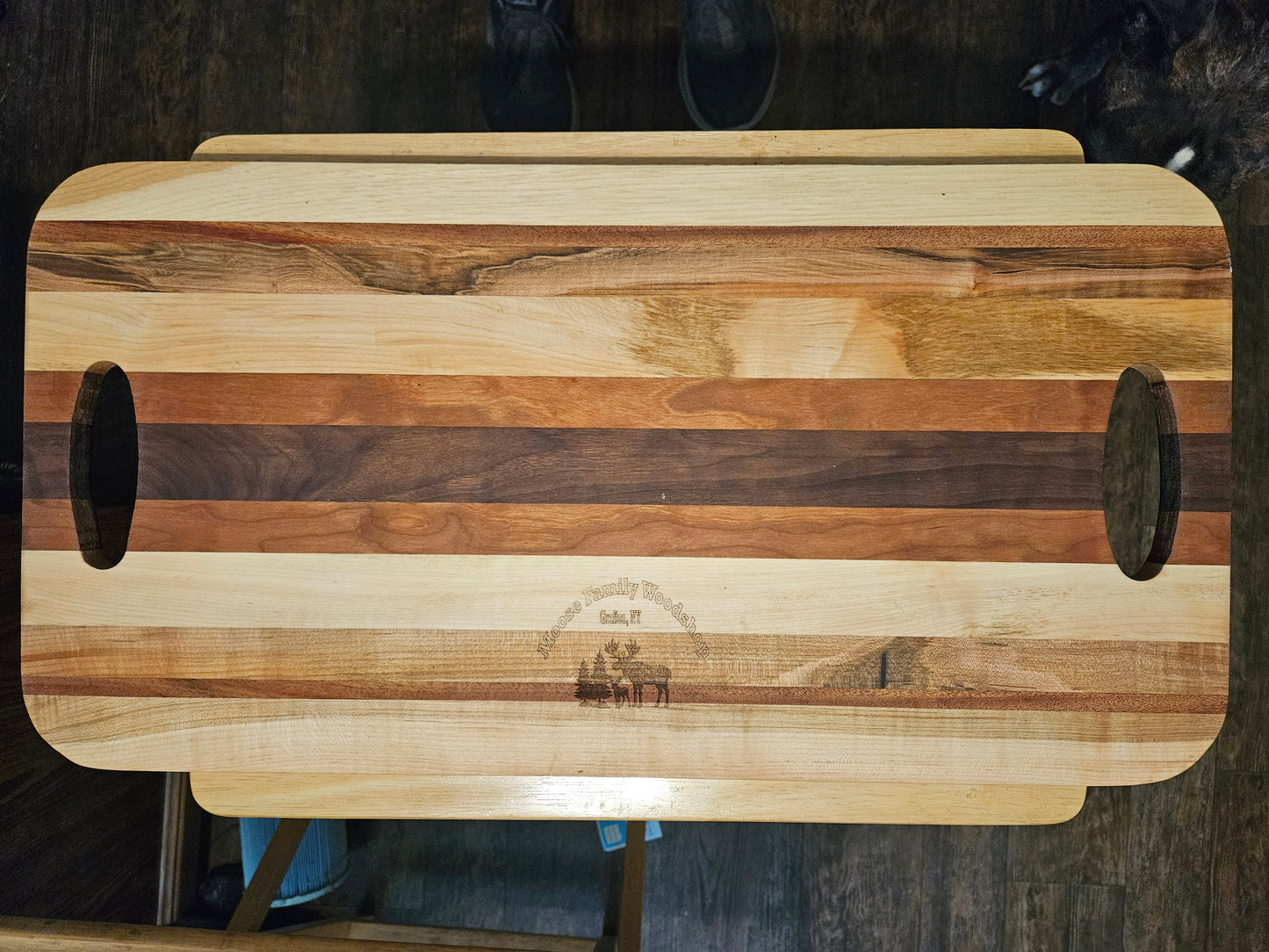 Large Maple, Walnut and Mahogany Cutting/Serving/Charcuterie Board with hand cutouts 24" x 12"