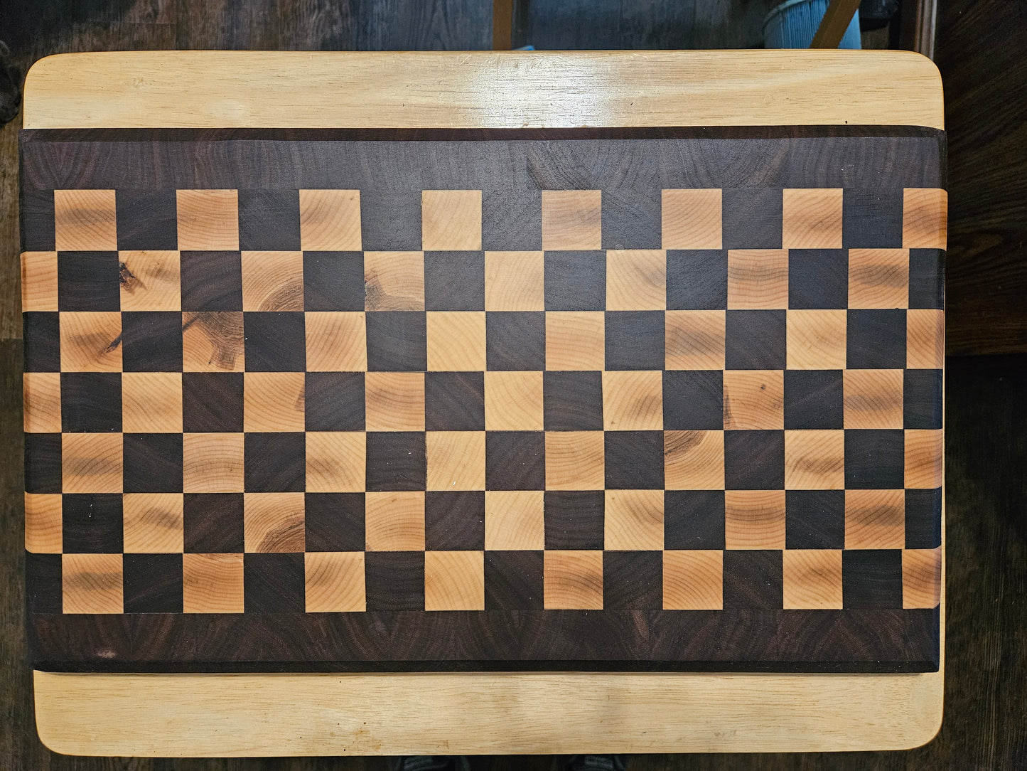 End Grain Checker Board Cutting Board made with Walnut and Maple with Beveled Edges and finger grips 18" x 11"