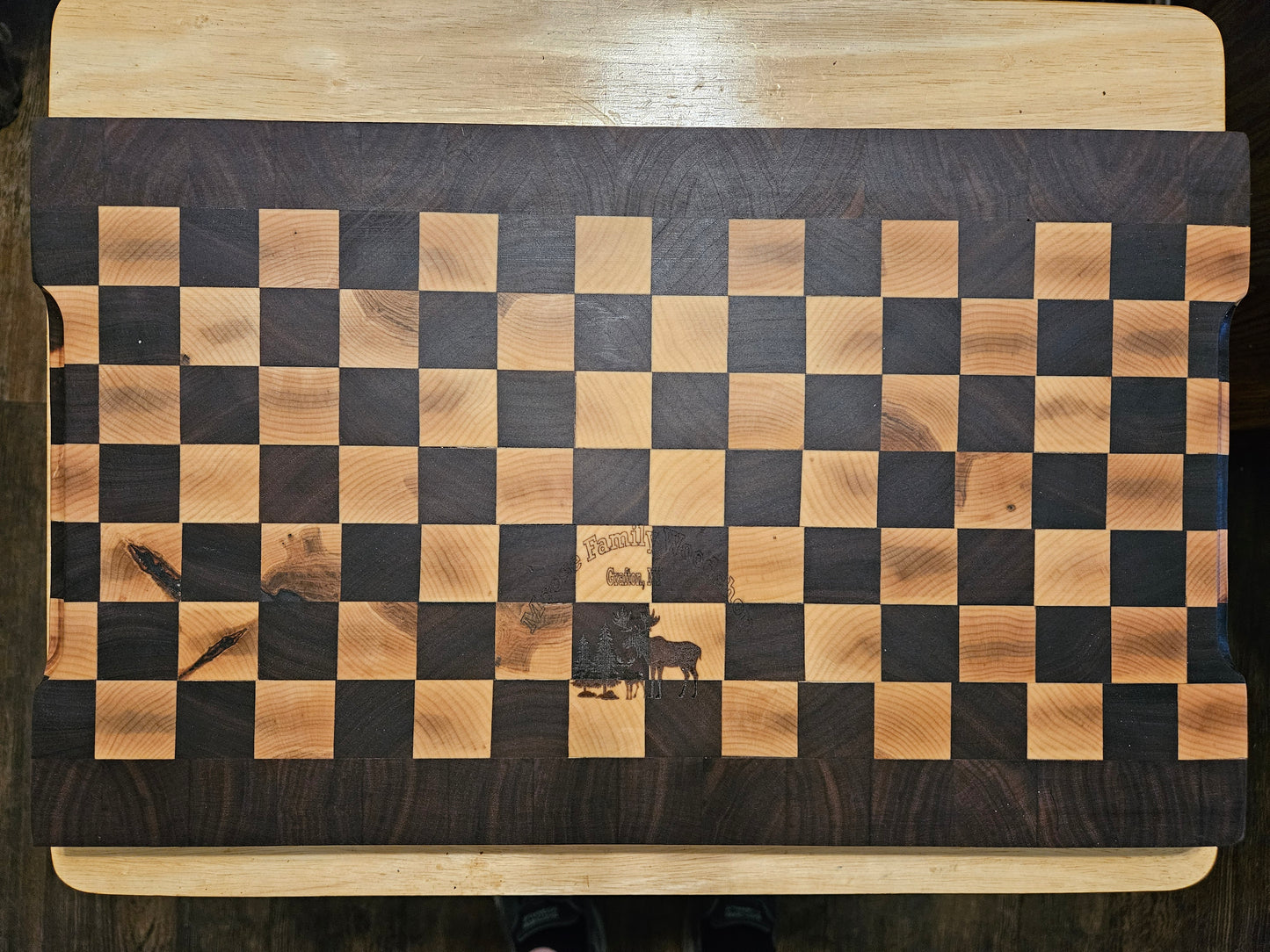 End Grain Checker Board Cutting Board made with Walnut and Maple with Beveled Edges and finger grips 18" x 11"