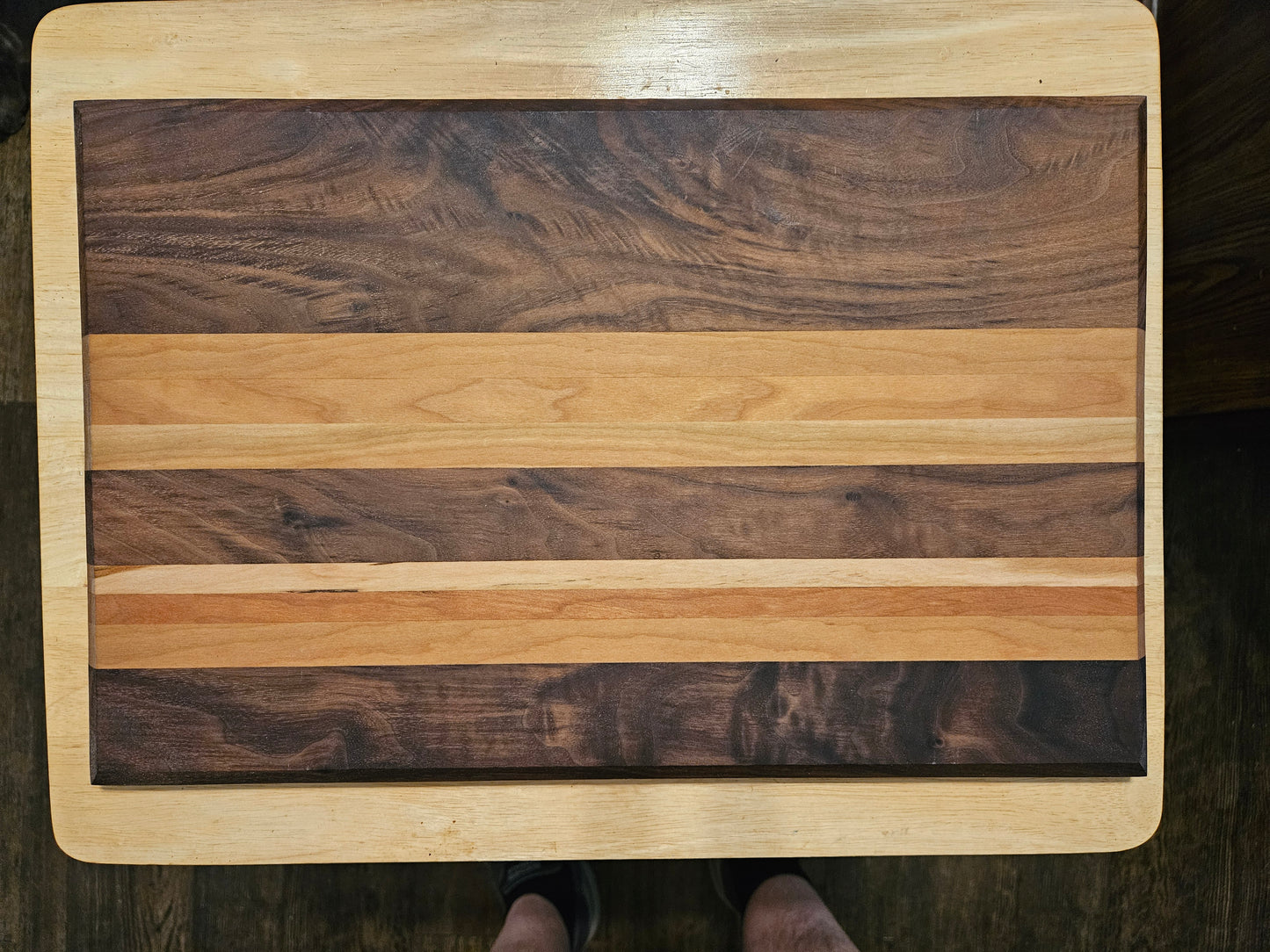 Cutting Board with stunning look made from Walnut, Mahogany ad Cherry with beveled edges 17" x 11"