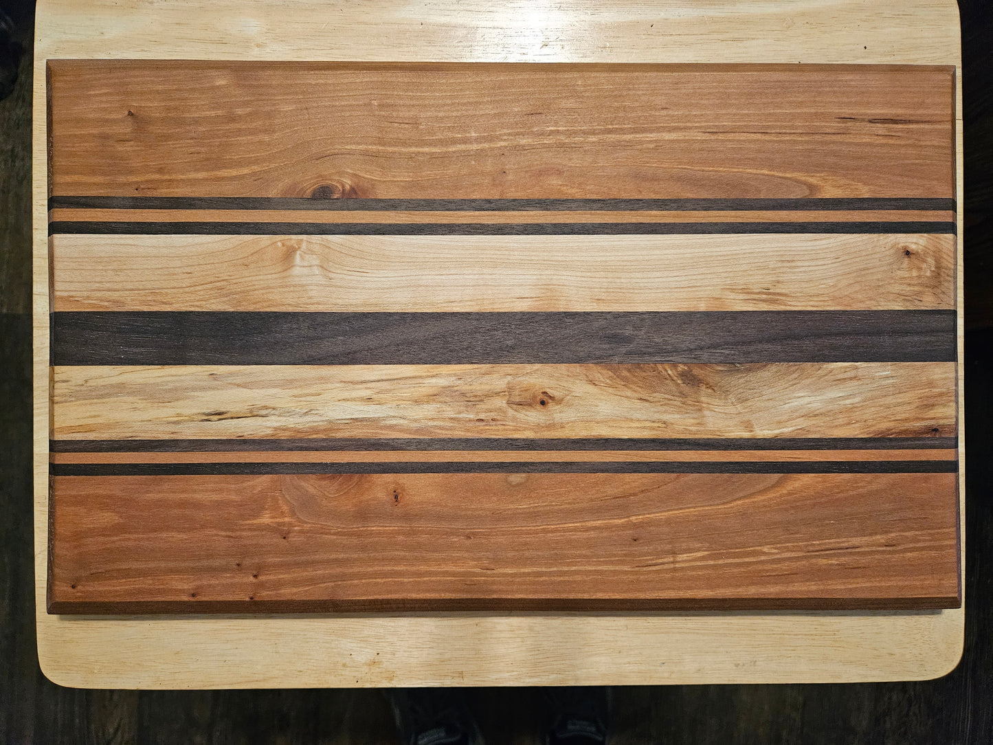 Cutting Board with stunning look made from Walnut, Maple ad Cherry with beveled edges 18" x 11"