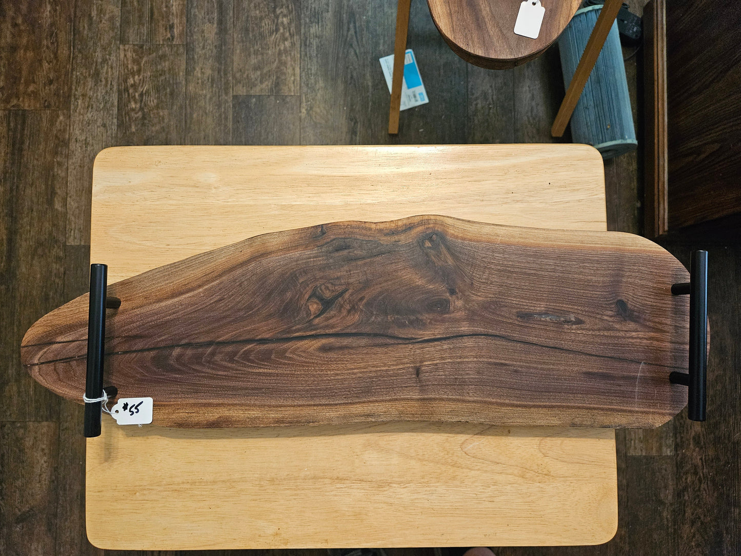 Charcuterie board with live edge Walnut with handles AOL 24" x 7"